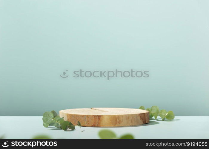 Abstract empty Wood slice podium with eucalyptus leaves and shadows on blue background. Mock up stand for product presentation. 3D Render. Minimal concept. Advertising template