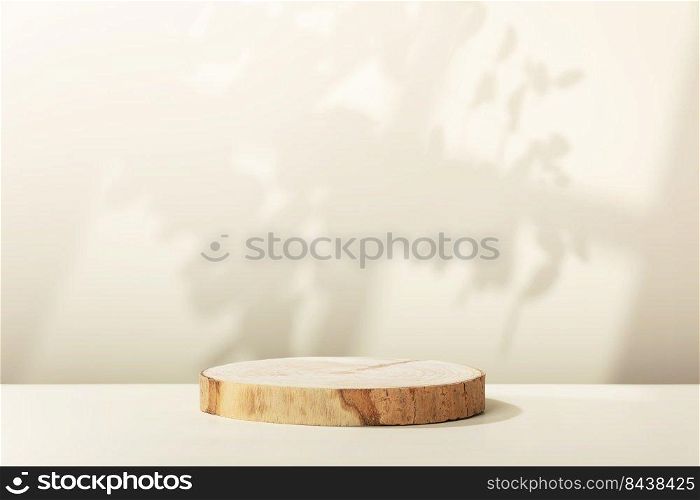 Abstract empty Wood slice podium with leaves  and window shadows  on beige background. Mock up stand for product presentation. 3D Render. Minimal concept. Advertising template