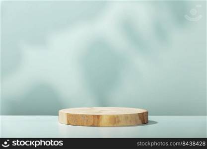 Abstract empty Wood slice podium with leaves shadows on blue background. Mock up stand for product presentation. 3D Render. Minimal concept. Advertising template