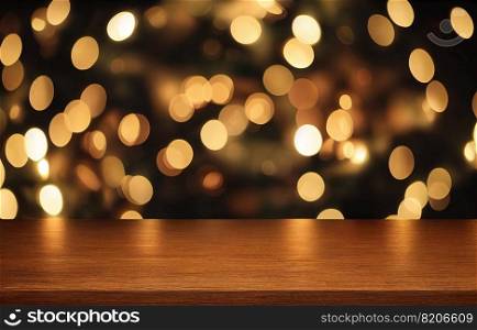 Abstract empty wooden desk table with copy space over christmas bokeh blurred light background, display for product montage, 3d rendering