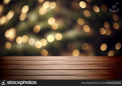 Abstract empty wooden desk table with copy space over christmas bokeh blurred light background, display for product montage