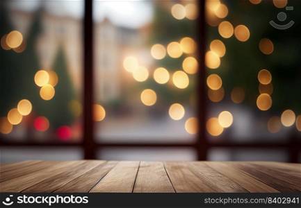 Abstract empty wooden desk table with copy space over christmas bokeh blurred light background, display for product montage