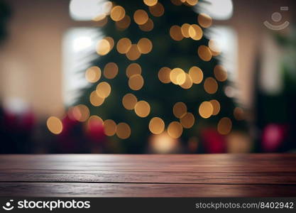 Abstract empty wooden desk table with copy space over christmas tree decorated blurred background, display for product montage