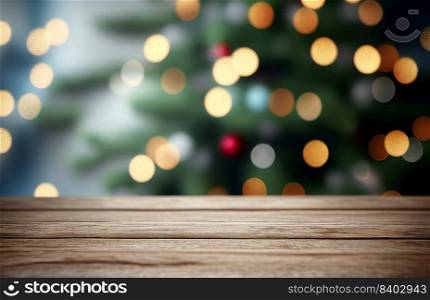 Abstract empty wooden desk table with copy space over christmas tree decorated blurred background, display for product montage