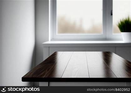 Abstract empty wooden desk table with copy space over interior modern dining room and window blurred background, display for product montage