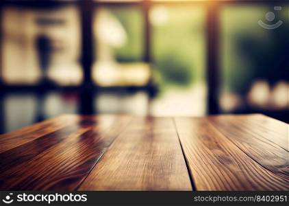 Abstract empty wooden desk table with copy space over interior modern room with blurred background, display for product montage