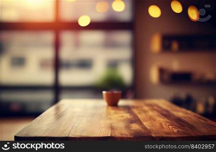 Abstract empty wooden desk table with copy space over interior modern room with blurred background, display for product montage