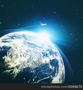 Abstract environmental backgrounds with Earth globe and flying jet. NASA imagery used