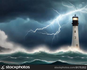 Abstract epic digital painting of a lighthouse battling the elements. Generative AI.