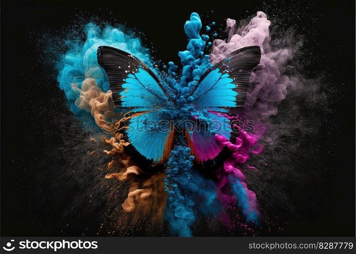 Abstract exploring powder color painting. Concept of butterfly in fantasy creative shading multicolor mist design. Finest generative AI.. Abstract exploring powder color painting in concept of fantasy butterfly