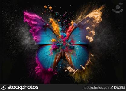 Abstract exploring powder color painting. Concept of butterfly in fantasy creative shading multicolor mist design. Finest generative AI.. Abstract exploring powder color painting in concept of fantasy butterfly