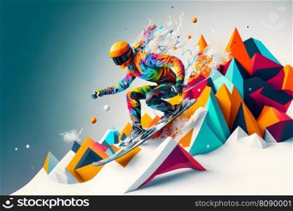 Abstract extreme sports lover performs leap into infinity with fictional skateboard or snowboard. Neural network AI generated art. Abstract extreme sports lover performs leap into infinity with fictional skateboard or snowboard. Neural network generated art
