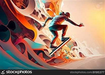 Abstract extreme sports lover performs leap into infinity with fictional skateboard or snowboard. Neural network AI generated art. Abstract extreme sports lover performs leap into infinity with fictional skateboard or snowboard. Neural network generated art