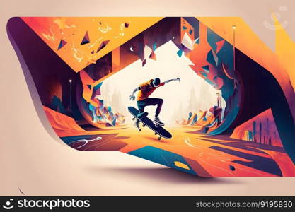 Abstract extreme sports lover performs leap into infinity with fictional skateboard or snowboard. Neural network AI generated art. Abstract extreme sports lover performs leap into infinity with fictional skateboard or snowboard. Neural network generated art