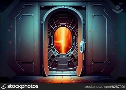 Abstract fantastic outer space of metal gate security control system. Concept of discovery planet through the gateway. Finest generative AI.. Abstract fantastic outer space of metal gate security control system.