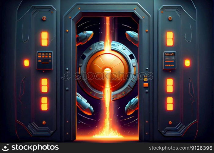 Abstract fantastic outer space of metal gate security control system. Concept of discovery planet through the gateway. Finest generative AI.. Abstract fantastic outer space of metal gate security control system.