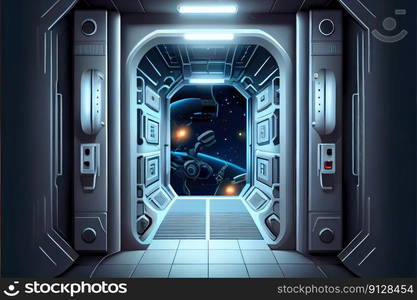 Abstract fantastic outer space of metal gate security control system. Concept of discovery planet through the gateway. Finest generative AI.. Abstract fantastic outer space of metal gate security control system.