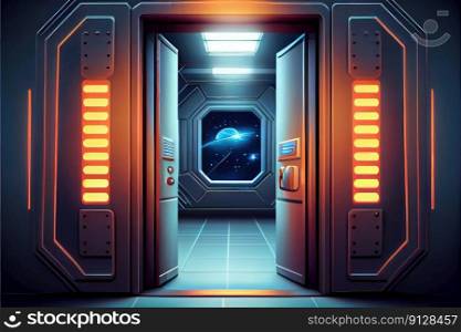 Abstract fantastic outer space of metal gate security control system. Concept of discovery planet through the gateway. Finest generative AI.. Abstract fantastic outer space of metal gate security control system.