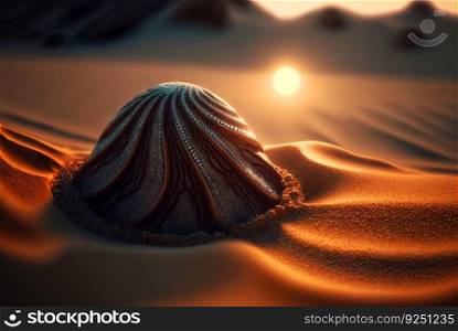 Abstract fantasy shell on the beach. Surreal seashell on the alien planet landscape. Generated AI.. Abstract fantasy shell on the beach. Surreal seashell on the alien planet landscape. Generated AI