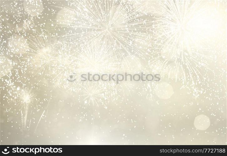 Abstract festive silver winter bokeh background with fireworks and bokeh lights. Fireworks and bokeh lights concept