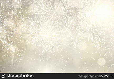 Abstract festive silver winter bokeh background with fireworks and bokeh lights. Fireworks and bokeh lights concept