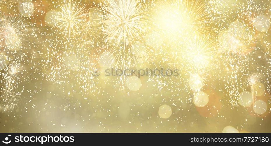 Abstract festive winter bokeh background with fireworks and bokeh lights. Fireworks and bokeh lights concept