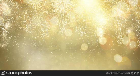 Abstract festive winter bokeh background with fireworks and bokeh lights. Fireworks and bokeh lights concept