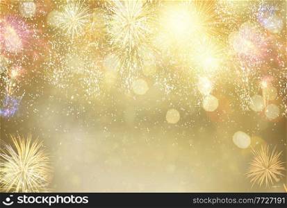 Abstract festive winter bokeh background with fireworks and bokeh lights on gold. Fireworks and bokeh lights concept