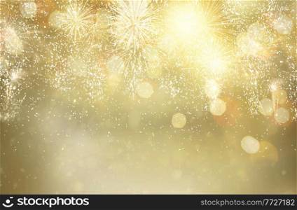 Abstract festive winter glittering bokeh background with fireworks and bokeh lights. Fireworks and bokeh lights concept