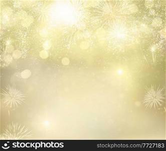 Abstract festive winter golden bokeh background with fireworks and bokeh lights. Fireworks and bokeh lights concept