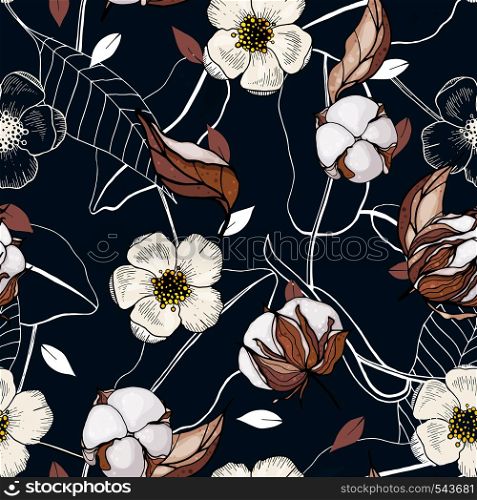 Abstract floral drawing, cotton. Realistic isolated seamless flowers pattern. Vintage set. Hand drawn vector illustration.