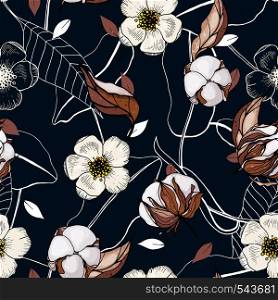 Abstract floral drawing, cotton. Realistic isolated seamless flowers pattern. Vintage set. Hand drawn vector illustration.