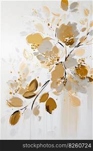 Abstract floral oil painting. Golden colorful blooms on white background. Generative AI. Abstract floral oil painting. Colorful blooms on white background. Generative AI