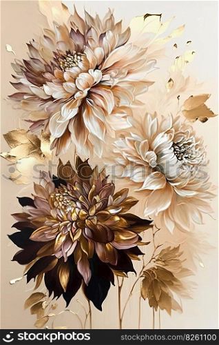 Abstract floral oil painting. Golden pastel blooms on white background. Generative AI. Abstract floral oil painting. Gold blooms on white background. Generative AI