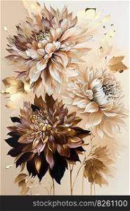Abstract floral oil painting. Golden pastel blooms on white background. Generative AI. Abstract floral oil painting. Gold blooms on white background. Generative AI