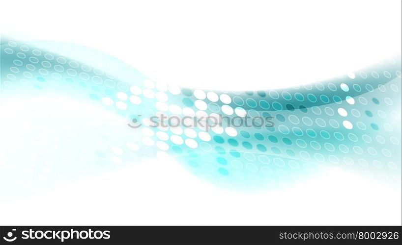 Abstract flow blue wavy graphic design. Turquoise waves with shiny halftone circles on white background. Flow blue wavy graphic design