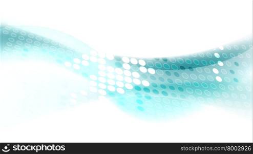 Abstract flow blue wavy graphic design. Turquoise waves with shiny halftone circles on white background. Flow blue wavy graphic design