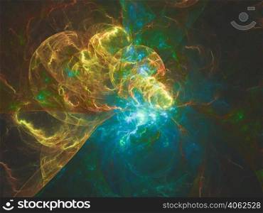 Abstract fractal art background, suggestive of astronomy and nebula. Computer generated fractal illustration art nebula in yellow blue. Abstract fractal art background, suggestive of astronomy and nebula. Computer generated fractal illustration art nebula yellow blue