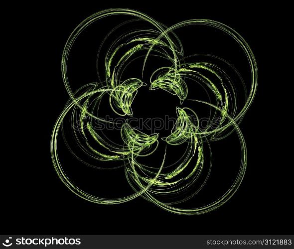 Abstract Fractal Art Green Twirl Flower on Black Background