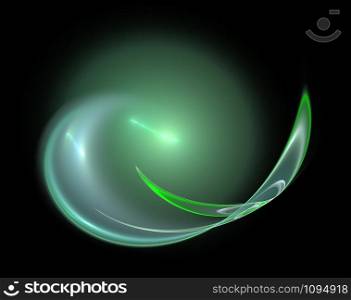 Abstract fractal detail. Green blur bowl. Wave petal arc. On a black background. Abstract fractal detail. Green blur bowl. Wave petal arc.