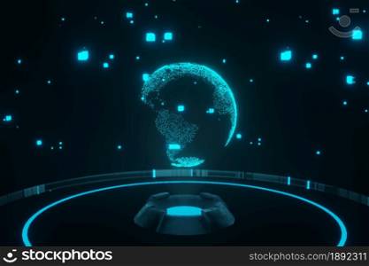 Abstract future Blue hologram earth Globe spaceship background 3D rendering