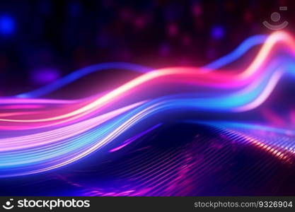 Abstract futuristic background withπnk blue glowing≠on moving wave li≠s and bokeh lights. Ge≠rative AI