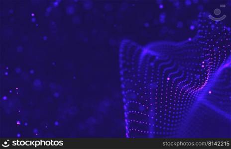 Abstract futuristic illustration of polygonal surface. Low poly shape with con≠cting dots and li≠s on dark background. 3D rendering. U<ra vio≤t galaxy background. Space background illustration universe with Nebula. 2018 Purp≤technology background. Artificial∫elli≥nce concept