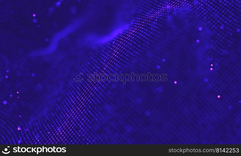 Abstract futuristic illustration of polygonal surface. Low poly shape with connecting dots and lines on dark background. 3D rendering. Ultra violet galaxy background. Space background illustration universe with Nebula. 2018 Purple technology background. Artificial intelligence concept