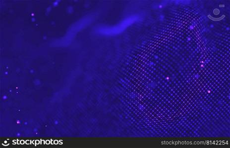 Abstract futuristic illustration of polygonal surface. Low poly shape with connecting dots and lines on dark background. 3D rendering. Ultra violet galaxy background. Space background illustration universe with Nebula. 2018 Purple technology background. Artificial intelligence concept