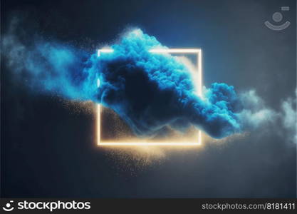 Abstract futuristic neon frame with geometric shape and stormy cloud on night sky. Concept of exploding mist with golden and blue color through frame picture. Finest generative AI.. Abstract futuristic neon frame with geometric and stormy cloud on night sky.