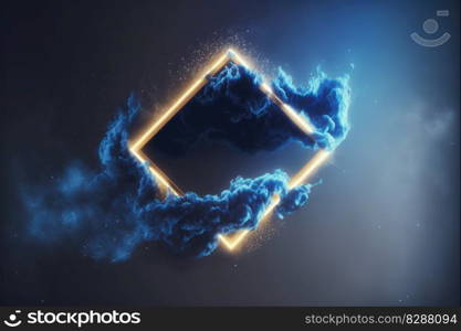 Abstract futuristic neon frame with geometric shape and stormy cloud on night sky. Concept of exploding mist with golden and blue color through frame picture. Finest generative AI.. Abstract futuristic neon frame with geometric and stormy cloud on night sky.