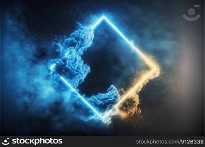 Abstract futuristic neon frame with geometric shape and stormy cloud on night sky. Concept of exploding mist with golden and blue color through frame picture. Finest generative AI.. Abstract futuristic neon frame with geometric and stormy cloud on night sky.