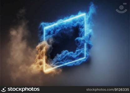 Abstract futuristic≠on frame with≥ometric shape and stormy cloud on night sky. Concept of exploding mist with golden and blue color through frameπcture. Fi≠st≥≠rative AI.. Abstract futuristic≠on frame with≥ometric and stormy cloud on night sky.