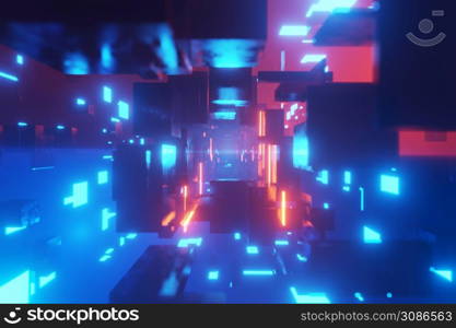 Abstract Futuristic tunnel Laser Cube geometric cyberspace wormhole Cyberpunk Background 3D rendering. Abstract Futuristic tunnel Laser Cube geometric cyberspace wormhole Cyberpunk Background 3D rendering